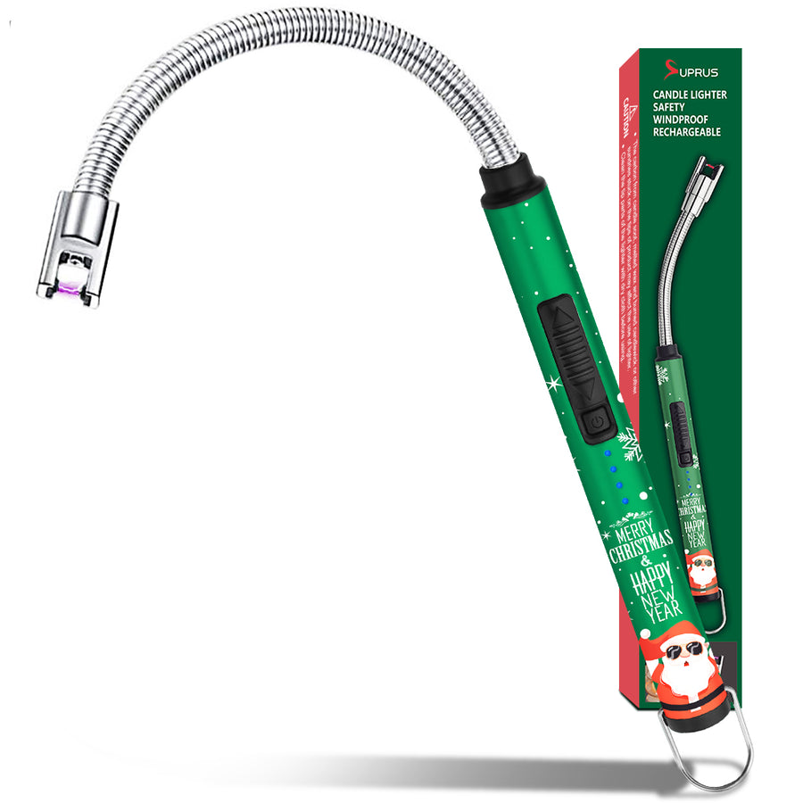SUPRUS Candle Lighter Rechargeable Electric Arc Lighter Triple Safety Long Lighter Stainless Steel Shell & Hanging Hook with 360°Flexible Neck for Christmas #SD587-G