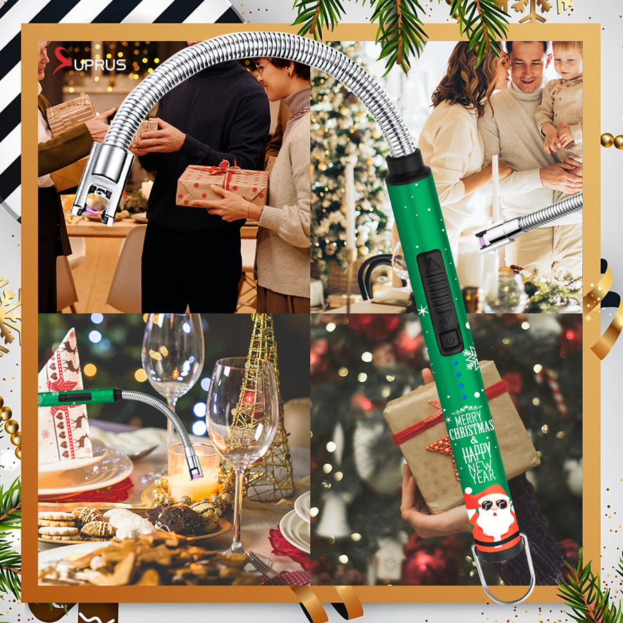 SUPRUS Candle Lighter Rechargeable Electric Arc Lighter Triple Safety Long Lighter Stainless Steel Shell & Hanging Hook with 360°Flexible Neck for Christmas 